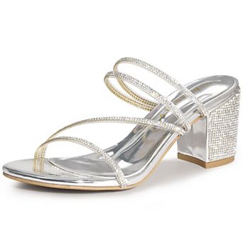 Women's Strappy Rhinestone Block Heel Slide Sandals