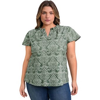 Plus Size Blouses for Women Floral Printed Ruffle V Neck Short Sleeve Popover Vacation Casual Blouse