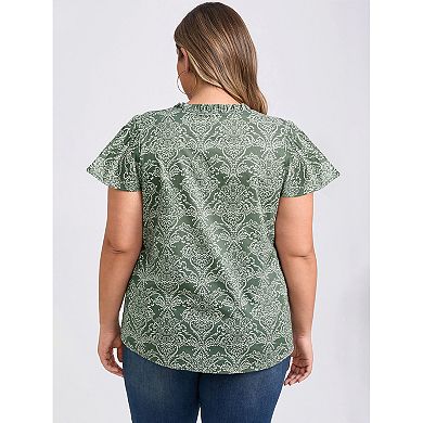 Plus Size Blouses for Women Floral Printed Ruffle V Neck Short Sleeve Popover Vacation Casual Blouse