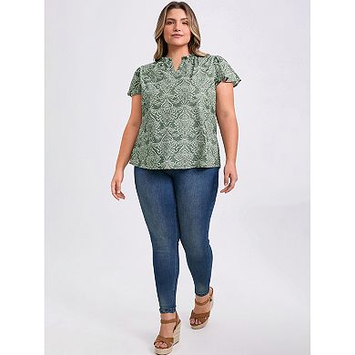 Plus Size Blouses for Women Floral Printed Ruffle V Neck Short Sleeve Popover Vacation Casual Blouse