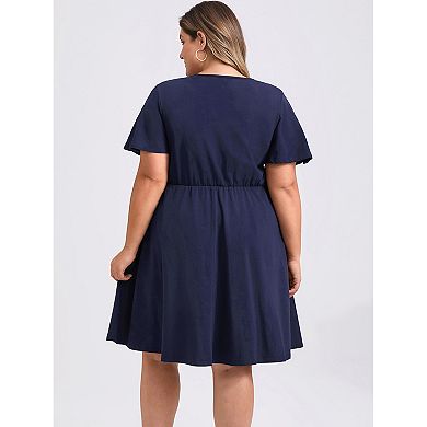 Plus Size Dress for Women Front Embroidered V Neck Ruffle Sleeve Pleated Mini A Line Dresses