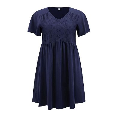 Plus Size Dress for Women Front Embroidered V Neck Ruffle Sleeve Pleated Mini A Line Dresses
