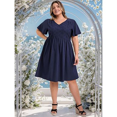 Plus Size Dress for Women Front Embroidered V Neck Ruffle Sleeve Pleated Mini A Line Dresses