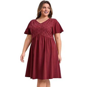 Plus Size Dress for Women Front Embroidered V Neck Ruffle Sleeve Pleated Mini A Line Dresses