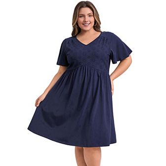 Plus Size Dress for Women Front Embroidered V Neck Ruffle Sleeve Pleated Mini A Line Dresses
