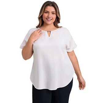 Plus Size Tops for Women Folded Cuff Short Sleeve Keyhole Neck Metal Trim Dressy Casual Blouses