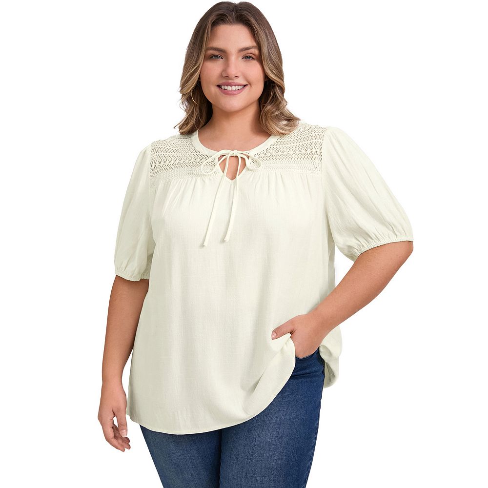 Women Plus Size Blouse Waffle 3/4 Sleeve Round Neck Lace Panel Loose High Low Hem Top