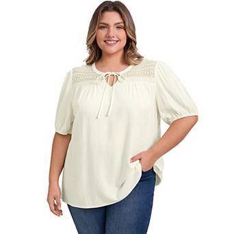 Plus Size Blouse for Women Tie Neck Lace Panel Tops Half Puff Sleeve Casual Blouses