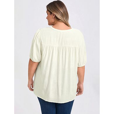 Plus Size Blouse for Women Tie Neck Lace Panel Tops Half Puff Sleeve Casual Blouses