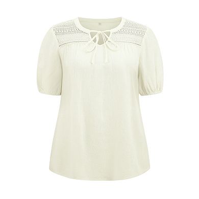 Plus Size Blouse for Women Tie Neck Lace Panel Tops Half Puff Sleeve Casual Blouses