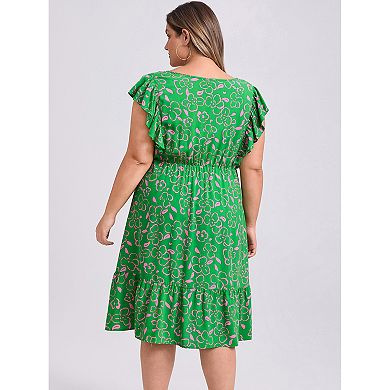 Women's Plus Size Floral V-Neck Ruffle Sleeve Elastic Waist A-Line Dress with Pockets