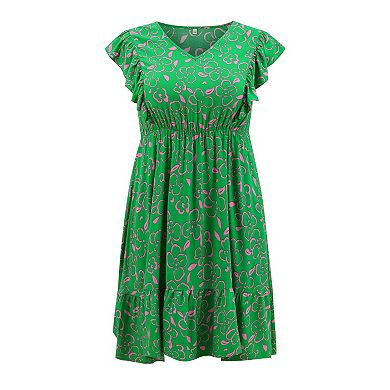 Women's Plus Size Floral V-Neck Ruffle Sleeve Elastic Waist A-Line Dress with Pockets