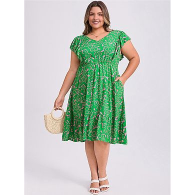 Women's Plus Size Floral V-Neck Ruffle Sleeve Elastic Waist A-Line Dress with Pockets