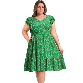 Women's Plus Size Floral V-Neck Ruffle Sleeve Elastic Waist A-Line Dress with Pockets