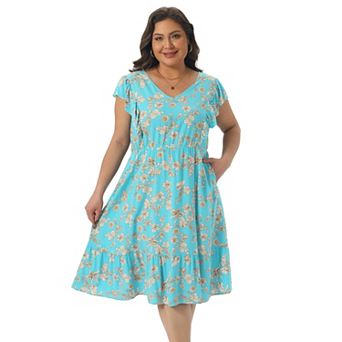 Women's Plus Size Floral V-Neck Ruffle Sleeve Elastic Waist A-Line Dress with Pockets