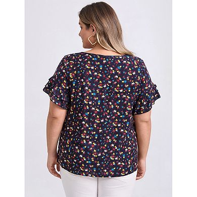 Plus Size Blouses for Women Floral Print Crew Neck Double Layer Ruffles Short Sleeve Casual Tops
