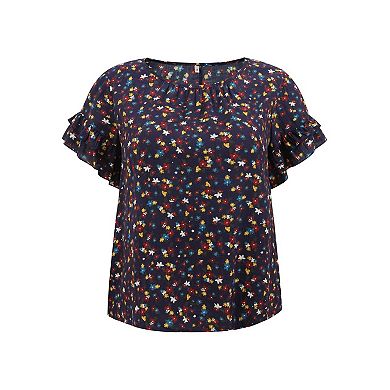 Plus Size Blouses for Women Floral Print Crew Neck Double Layer Ruffles Short Sleeve Casual Tops