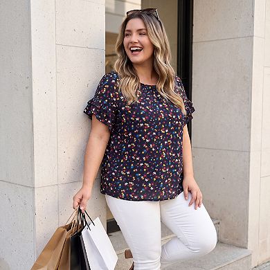 Plus Size Blouses for Women Floral Print Crew Neck Double Layer Ruffles Short Sleeve Casual Tops