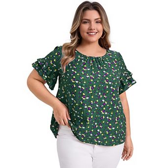Plus Size Blouses for Women Floral Print Crew Neck Double Layer Ruffles Short Sleeve Casual Tops