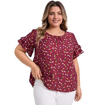 Plus Size Blouses for Women Floral Print Crew Neck Double Layer Ruffles Short Sleeve Casual Tops