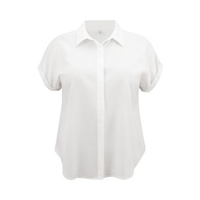 Plus Size Shirts for Women Collared Button Down Shirt Rolled Cuffed Short Sleeve Casual Blouses