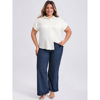 Plus Size Shirts for Women Collared Button Down Shirt Rolled Cuffed Short Sleeve Casual Blouses