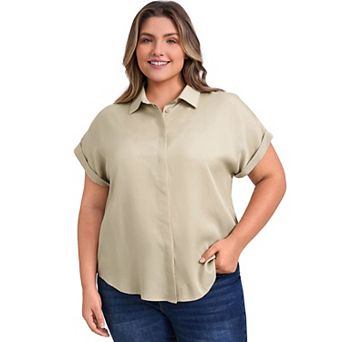 Plus Size Shirts for Women Collared Button Down Shirt Rolled Cuffed Short Sleeve Casual Blouses