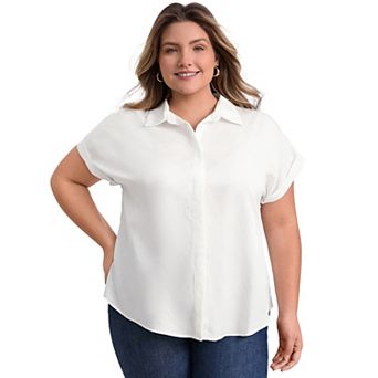 Plus Size Shirts for Women Collared Button Down Shirt Rolled Cuffed Short Sleeve Casual Blouses
