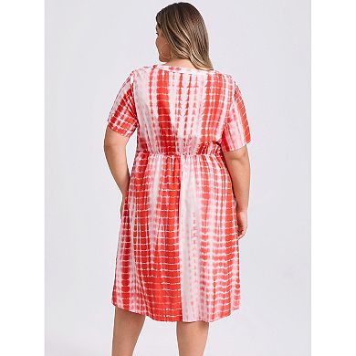 Plus Size Casual Dress for Women Toothpick Pleated Tie Dye Button Decor A-Line Dresses with Pockets