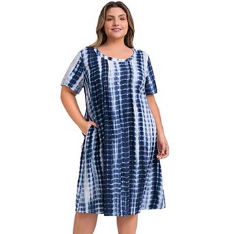 Plus Size Casual Dress for Women Toothpick Pleated Tie Dye Button Decor A-Line Dresses with Pockets