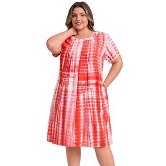 Plus Size Casual Dress for Women Toothpick Pleated Tie Dye Button Decor A-Line Dresses with Pockets