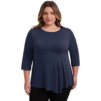 Plus Size Tops for Women Crew Neck 3/4 Sleeve Asymmetric Hem Waist PleatedLoose Fit Casual Blouses