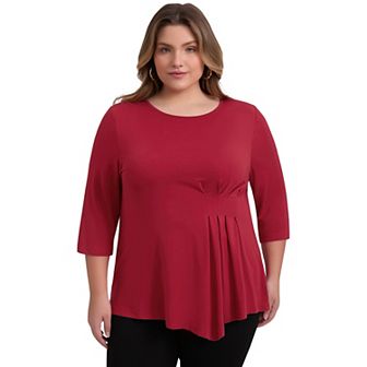 Plus Size Tops for Women Crew Neck 3/4 Sleeve Asymmetric Hem Waist PleatedLoose Fit Casual Blouses