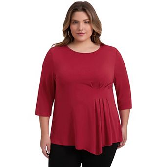 Plus Size Tops for Women Crew Neck 3/4 Sleeve Asymmetric Hem Waist PleatedLoose Fit Casual Blouses