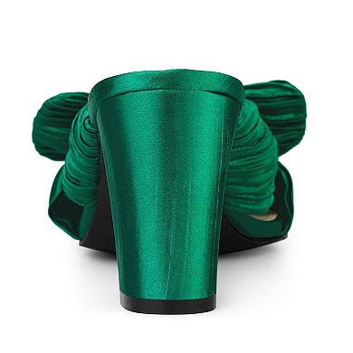 Women's Pleated Bow Heels Slip on Chunky Heel Slouches Slides Sandals