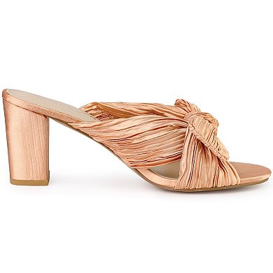 Women's Pleated Bow Heels Slip on Chunky Heel Slouches Slides Sandals