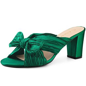 Women's Pleated Bow Heels Slip on Chunky Heel Slouches Slides Sandals