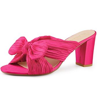 Women's Pleated Bow Heels Slip on Chunky Heel Slouches Slides Sandals