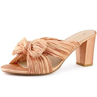 Women's Pleated Bow Heels Slip on Chunky Heel Slouches Slides Sandals