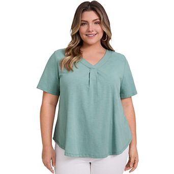 Women's Plus Size Pleated Banded V Neck Loose Fit Casual Short Sleeve T-shirts