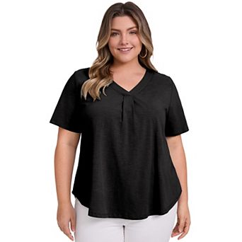Women's Plus Size Pleated Banded V Neck Loose Fit Casual Short Sleeve T-shirts