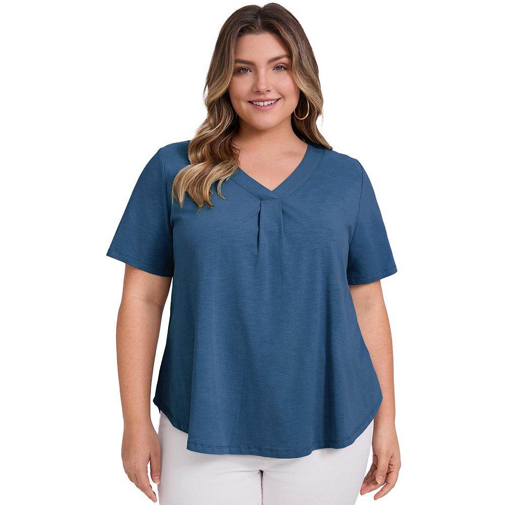 Women's Plus Size Pleated Banded V Neck Loose Fit Casual Short Sleeve T ...