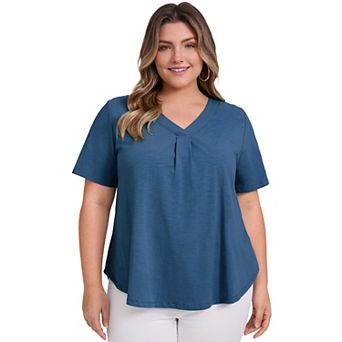 Women's Plus Size Pleated Banded V Neck Loose Fit Casual Short Sleeve T-shirts