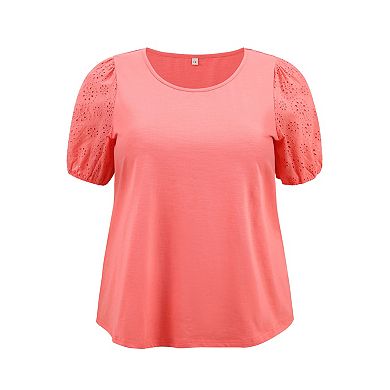 Plus Size Tops for Women Embroidered Panel Hollow Puff Short Sleeve Round Neck Casual Blouses