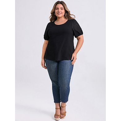 Plus Size Tops for Women Embroidered Panel Hollow Puff Short Sleeve Round Neck Casual Blouses