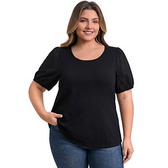 Plus Size Tops for Women Embroidered Panel Hollow Puff Short Sleeve Round Neck Casual Blouses