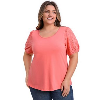 Plus Size Tops for Women Embroidered Panel Hollow Puff Short Sleeve Round Neck Casual Blouses