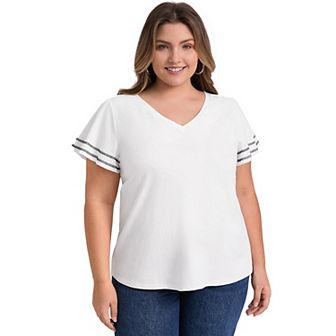 Plus Size T-Shirts for Women V Neck Striped Contrasting Colors Tops Ruffle Short Sleeves Blouses