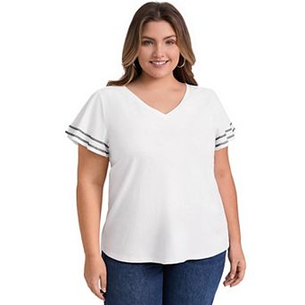 Plus Size T-Shirts for Women V Neck Striped Contrasting Colors Tops Ruffle Short Sleeves Blouses