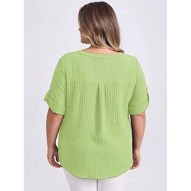 Plus Size Shirts for Women Mandarin Collar V Neck 3/4 Sleeve Button Down Shirt Casual Textual Tops